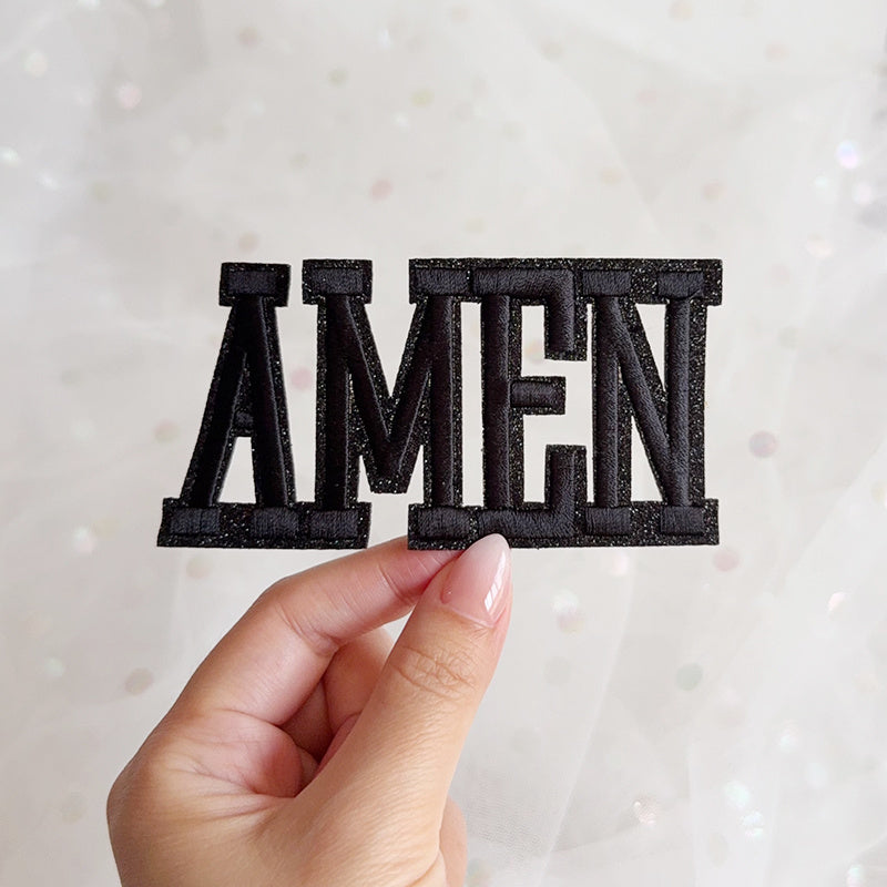 "AMEN" Black Glitter  Embroidered Iron-On Patch